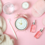 Flat lay of skincare products for morning and night routine
