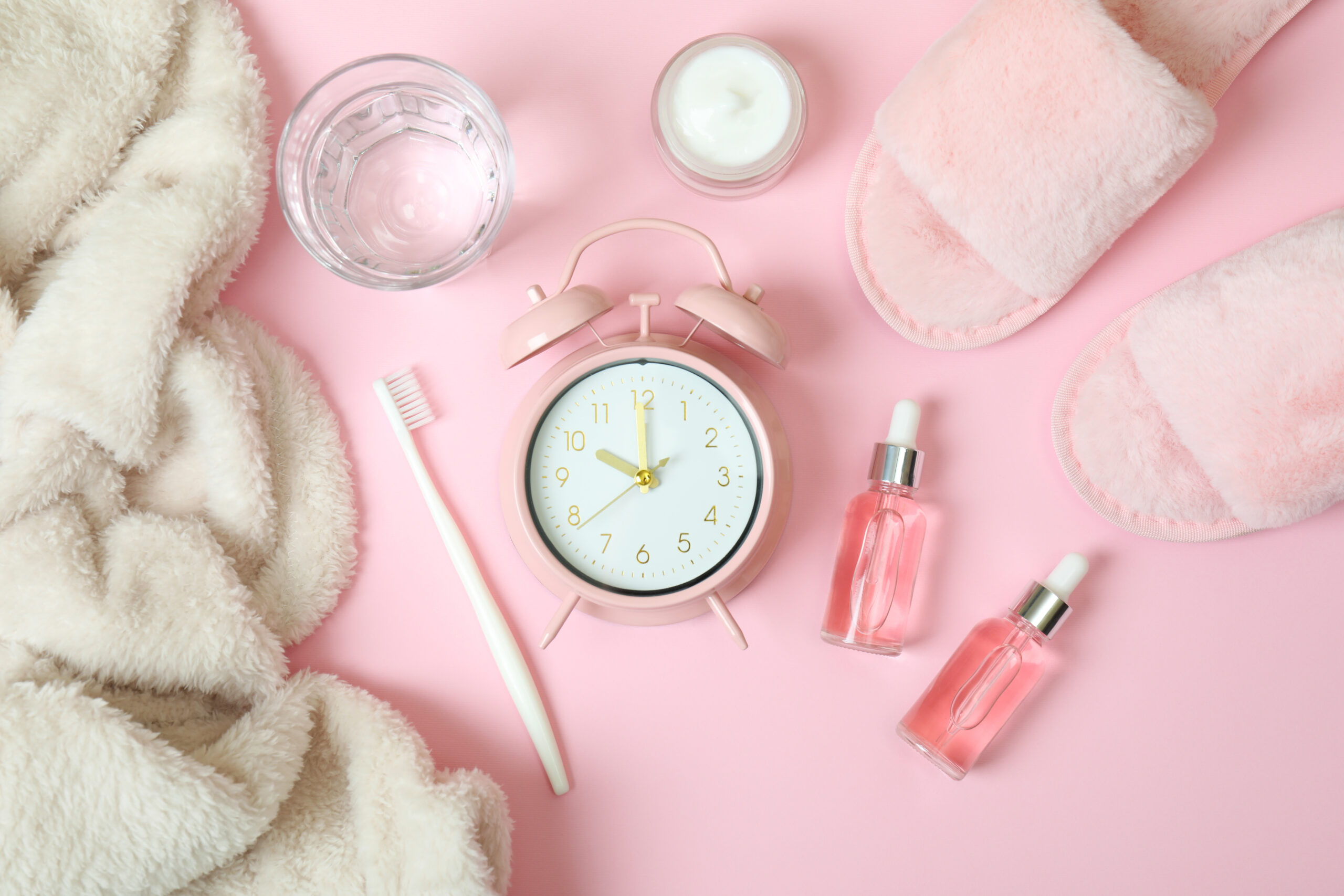 Flat lay of skincare products for morning and night routine